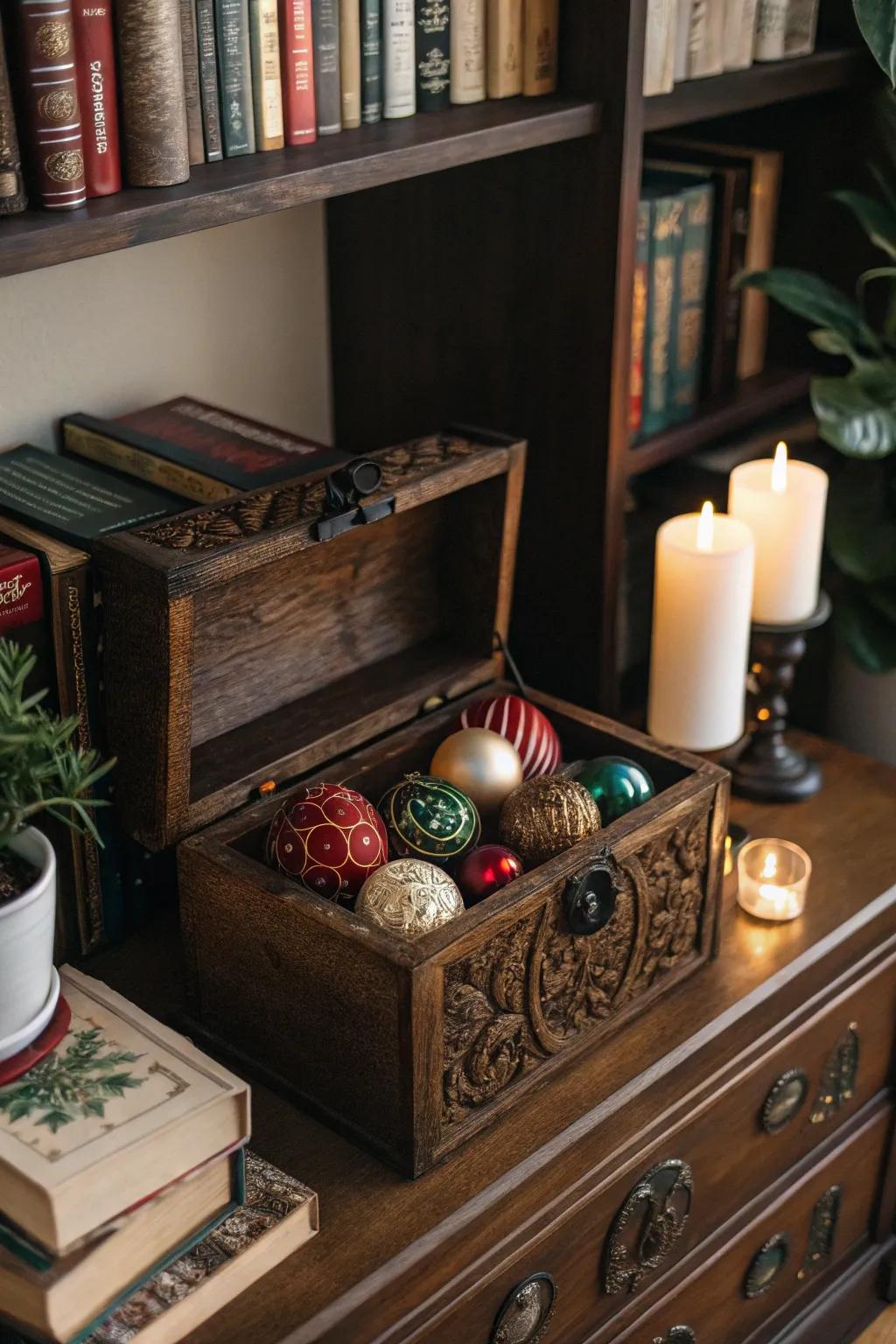 A reminiscent ornament display utilizing a vintage repository.