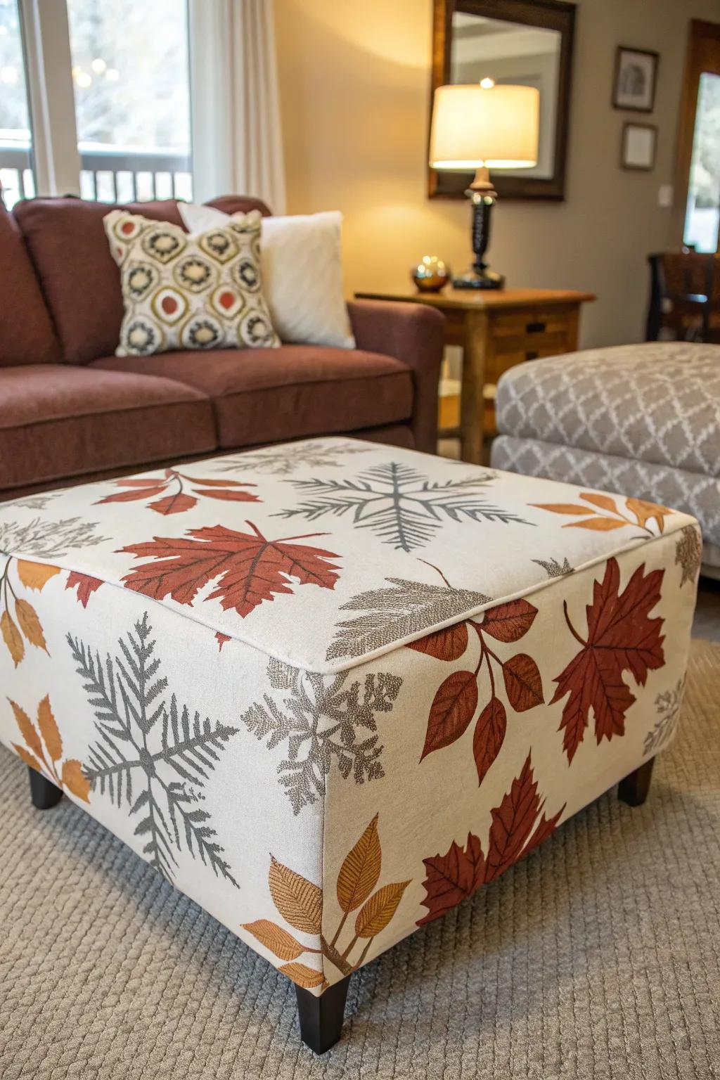 Seasonal ottoman covers offer a fresh appearance year-round.