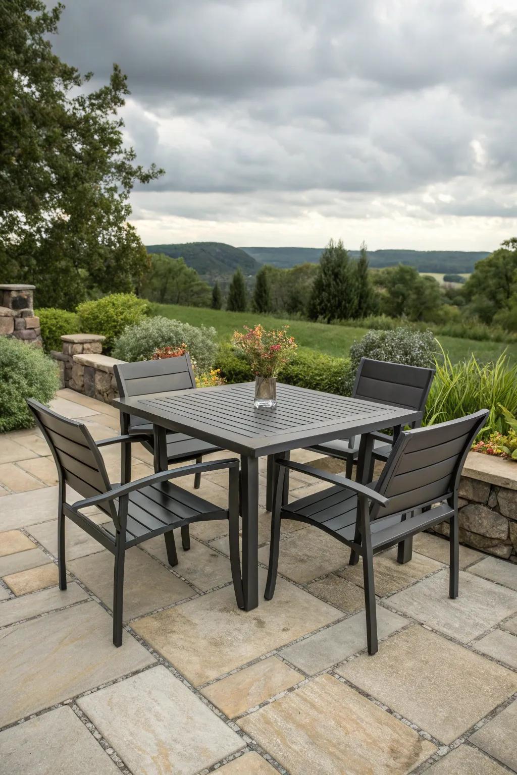 Climate-resistant furnishings ideal for outdoor dining.