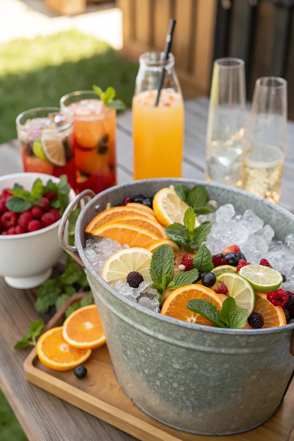 An ice container with fruit trimmings contributes a fresh touch.