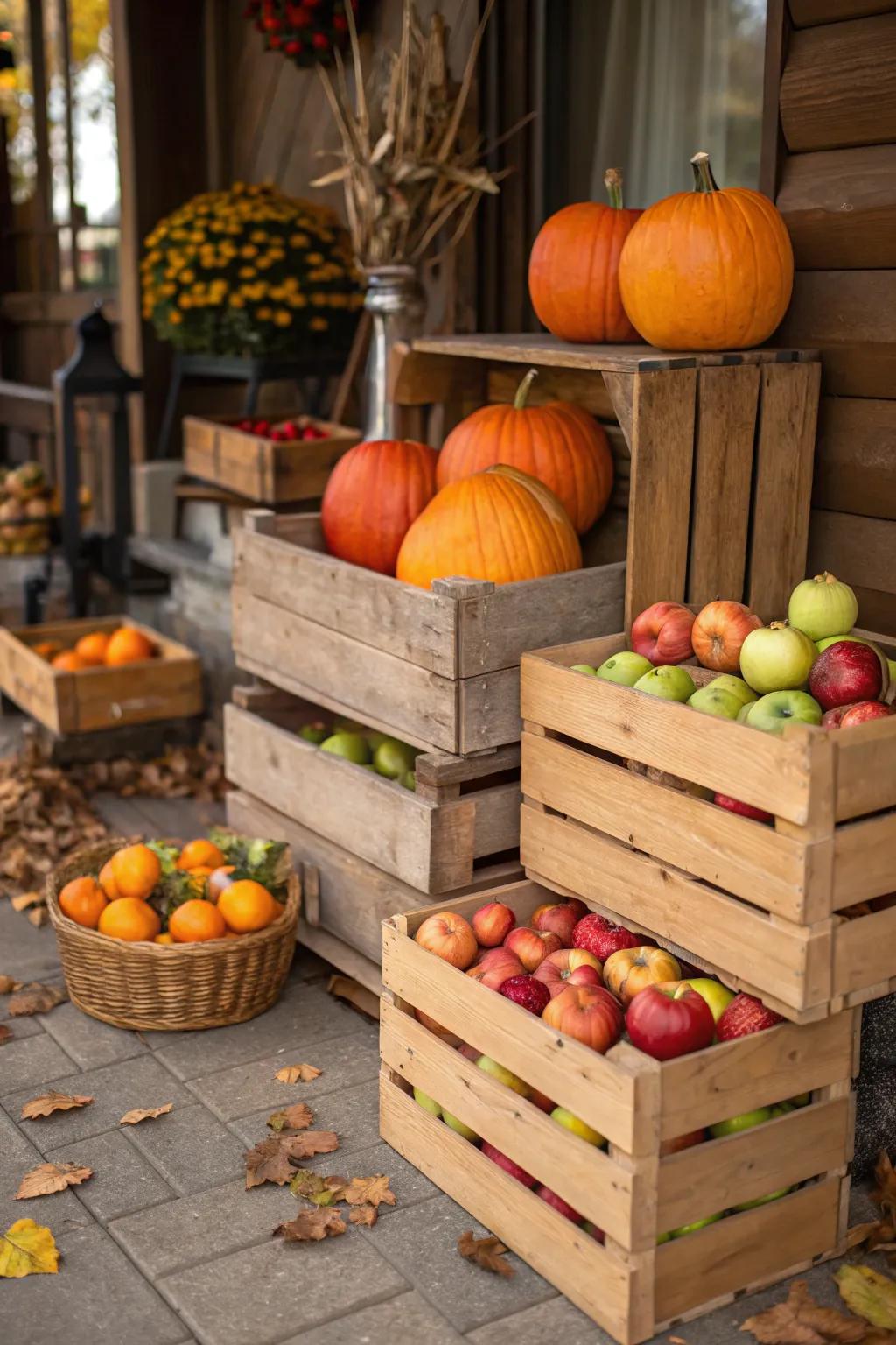 Timber containers overflowing with gourds and pome fruits fashion a countryside tableau.