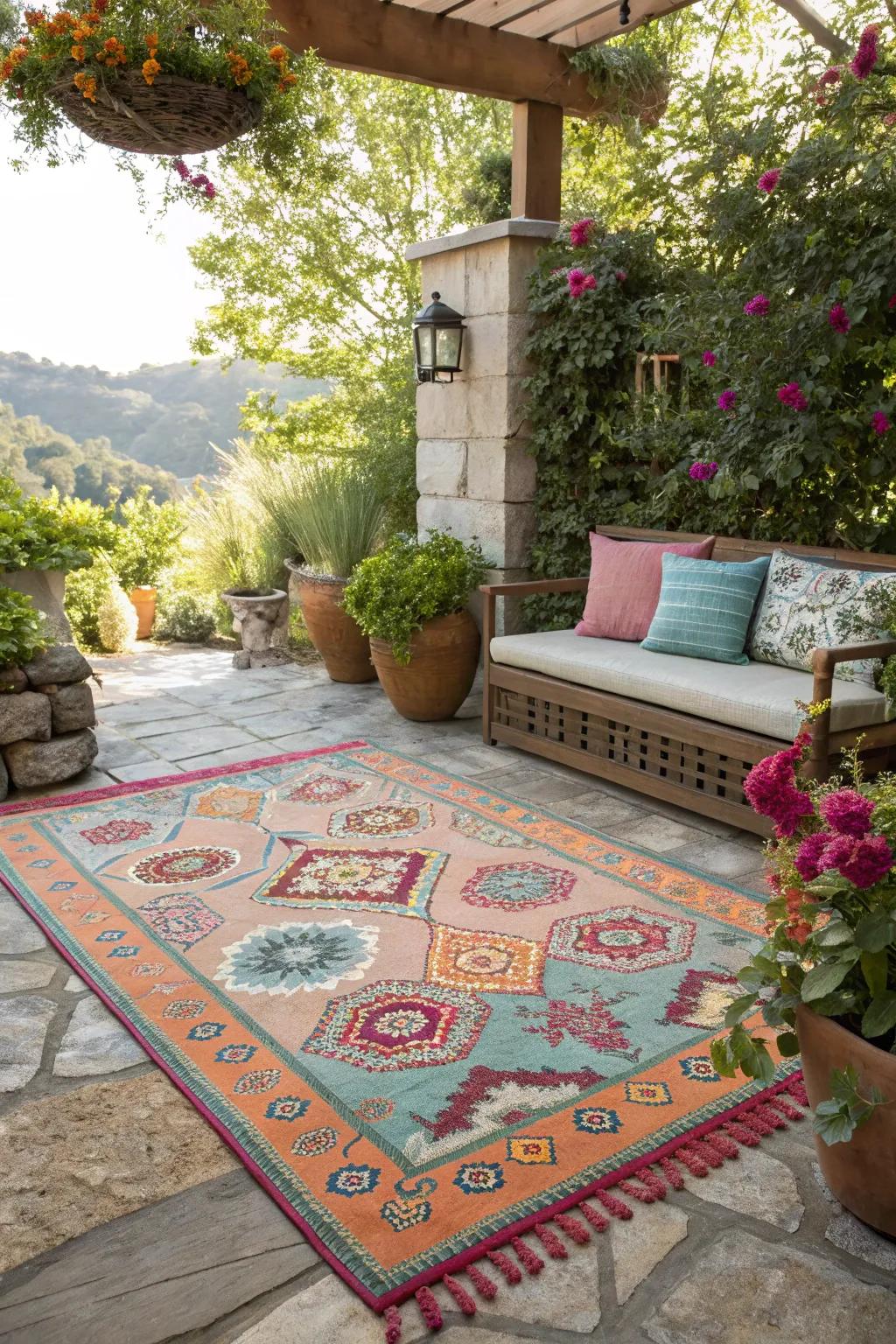 An outdoor rug incorporating texture and delineating the space.