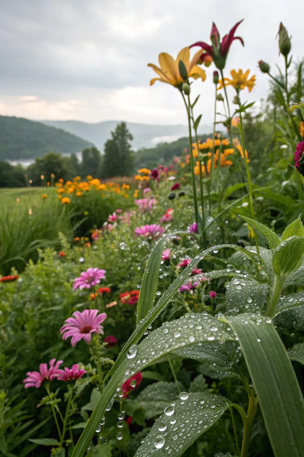 A rain garden thriving with moisture-loving plants.