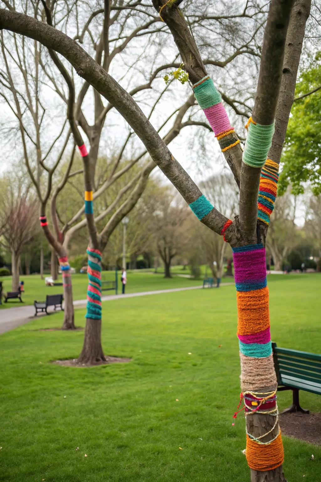 Textile-wrapped branches offer artistic flair and color to park decor.