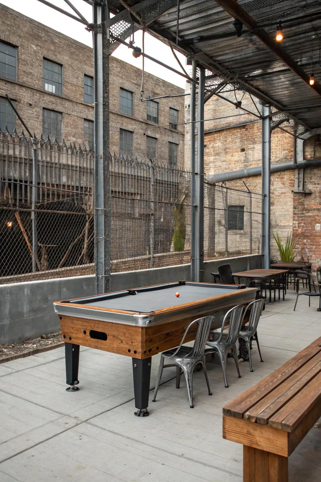 An industrial-style billiard table precinct, bedecked with metal and timber elements.