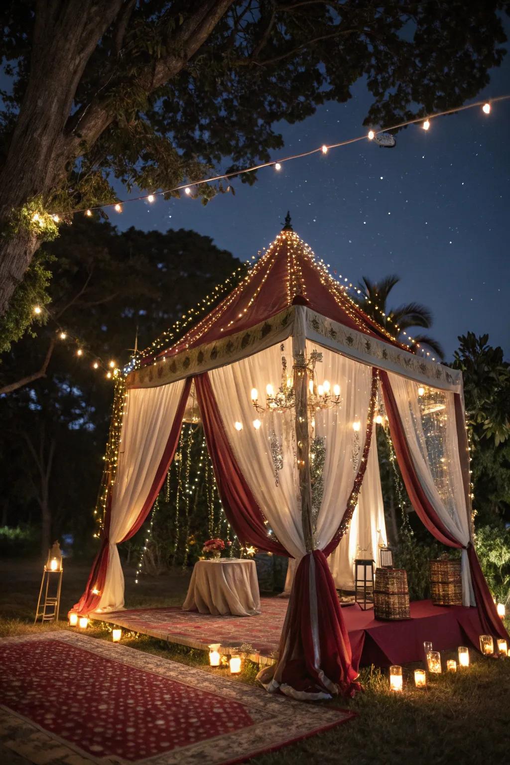 A starlit night theme transforms the tent into a celestial wonder.
