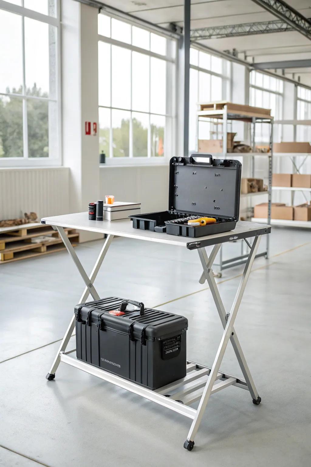 A foldable workbench offers flexible and space-saving solutions.