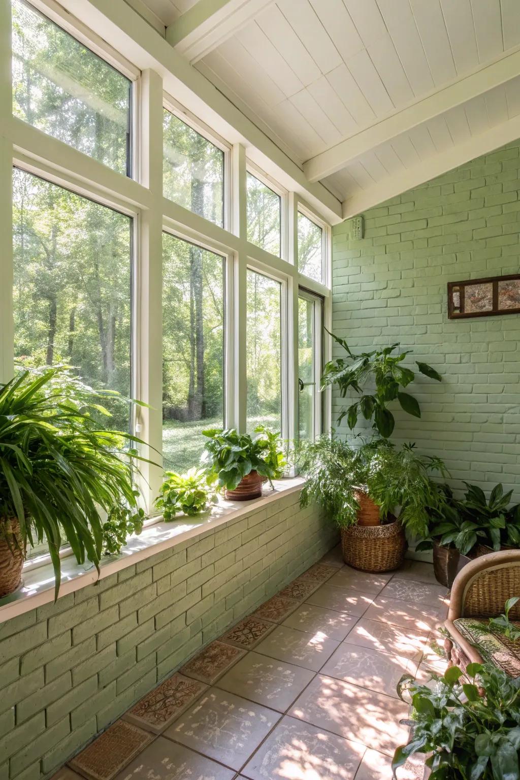A sunroom bridging the indoors and outdoors with a soft green brick wall.