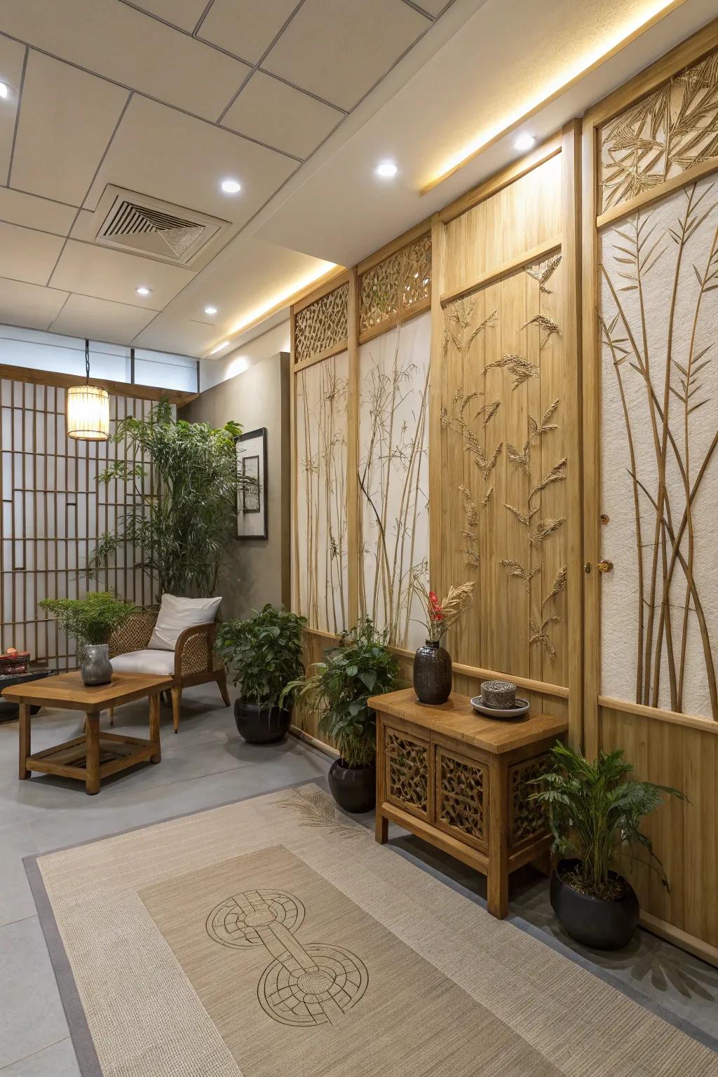 Room featuring natural bamboo texture panel designs.