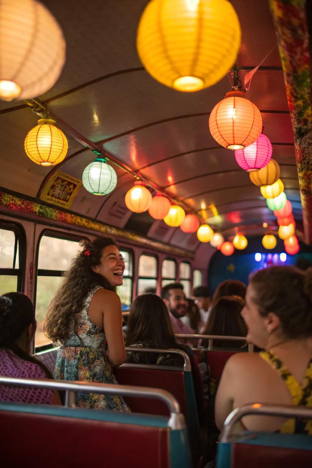 Suspended lanterns give the celebration bus a cozy and personal atmosphere.