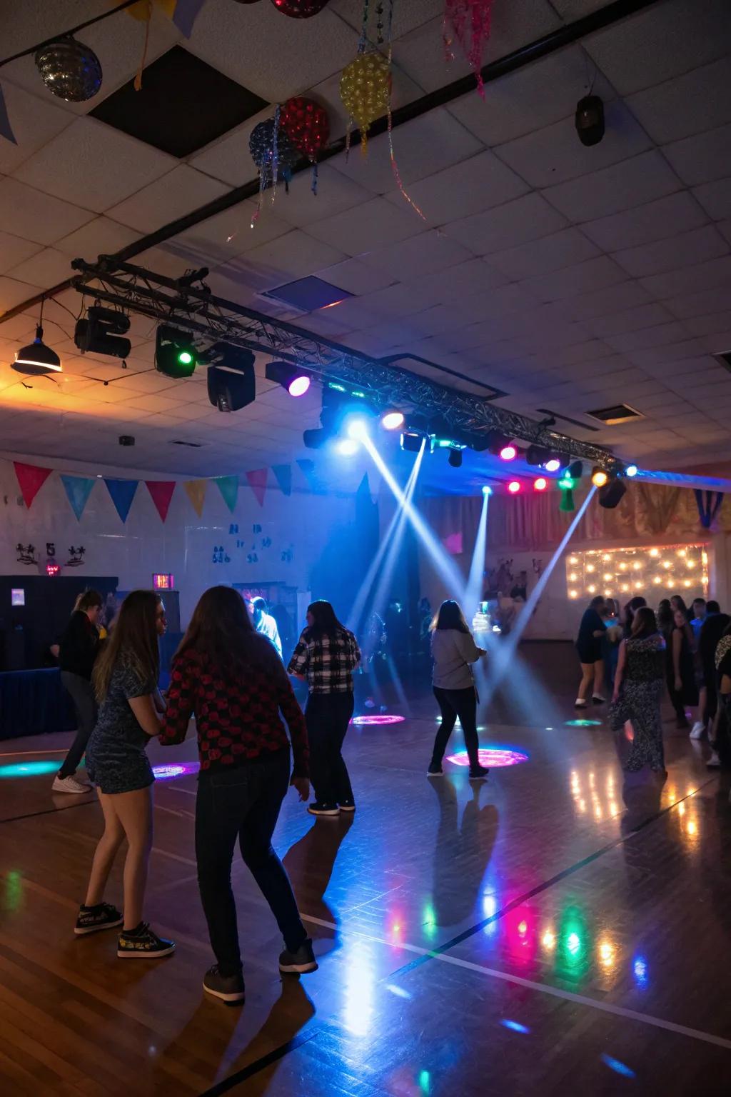 Produce a dance party vibe with pulsating lights and spotlights.