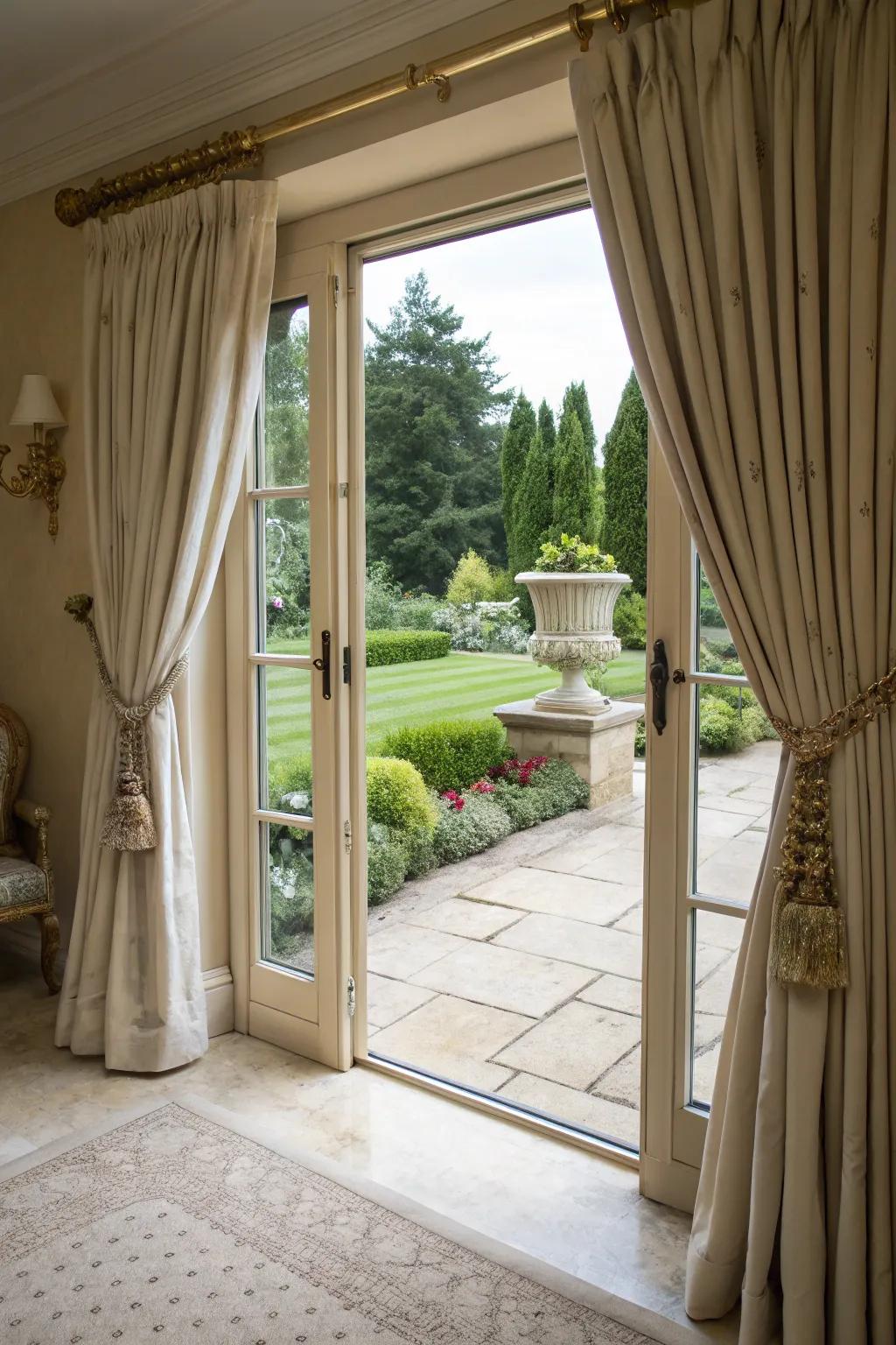 Ornamental fastenings elevate simple curtains to graceful statements.