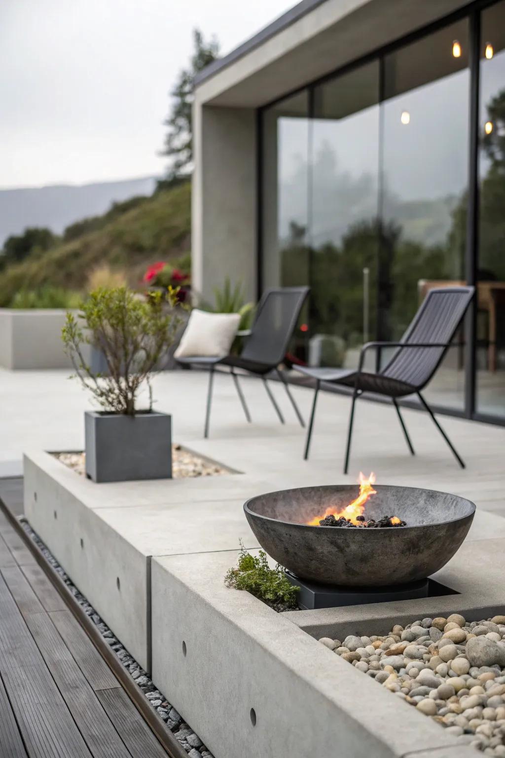 Minimalist metal fire pits bring modern elegance to patios.