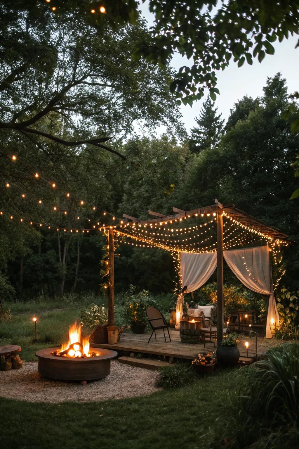 An enchanted illumination netting brings a magical touch to your firepit zone.