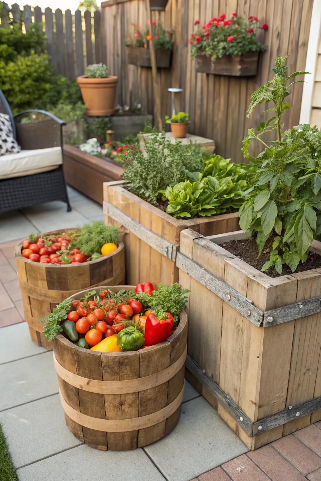 Reclaimed wood planters bring a touch of rustic elegance to the garden.