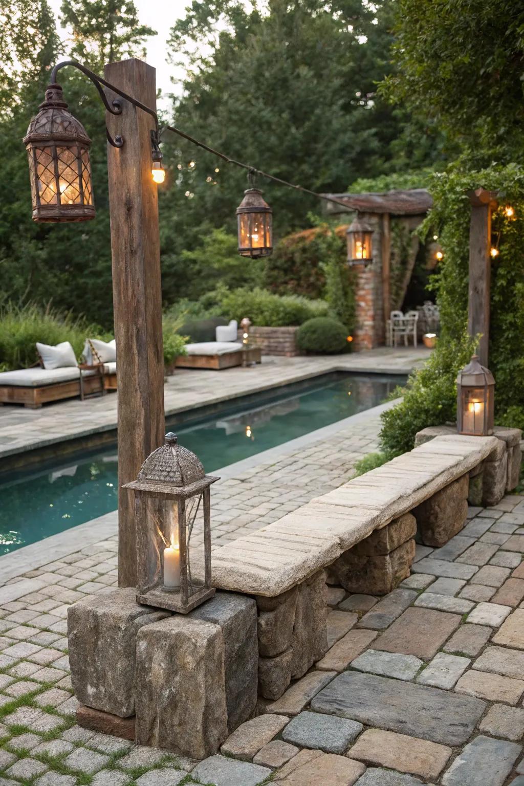 Cobblestone pavers bring a quaint, vintage charm to the poolside.