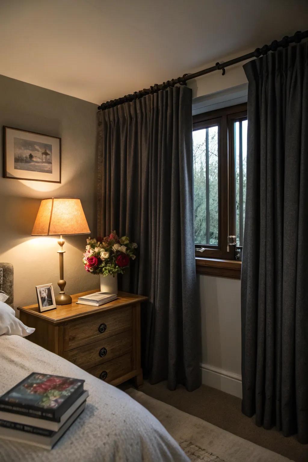A bedroom with darkening curtains ensures a restful and undisturbed sleep.