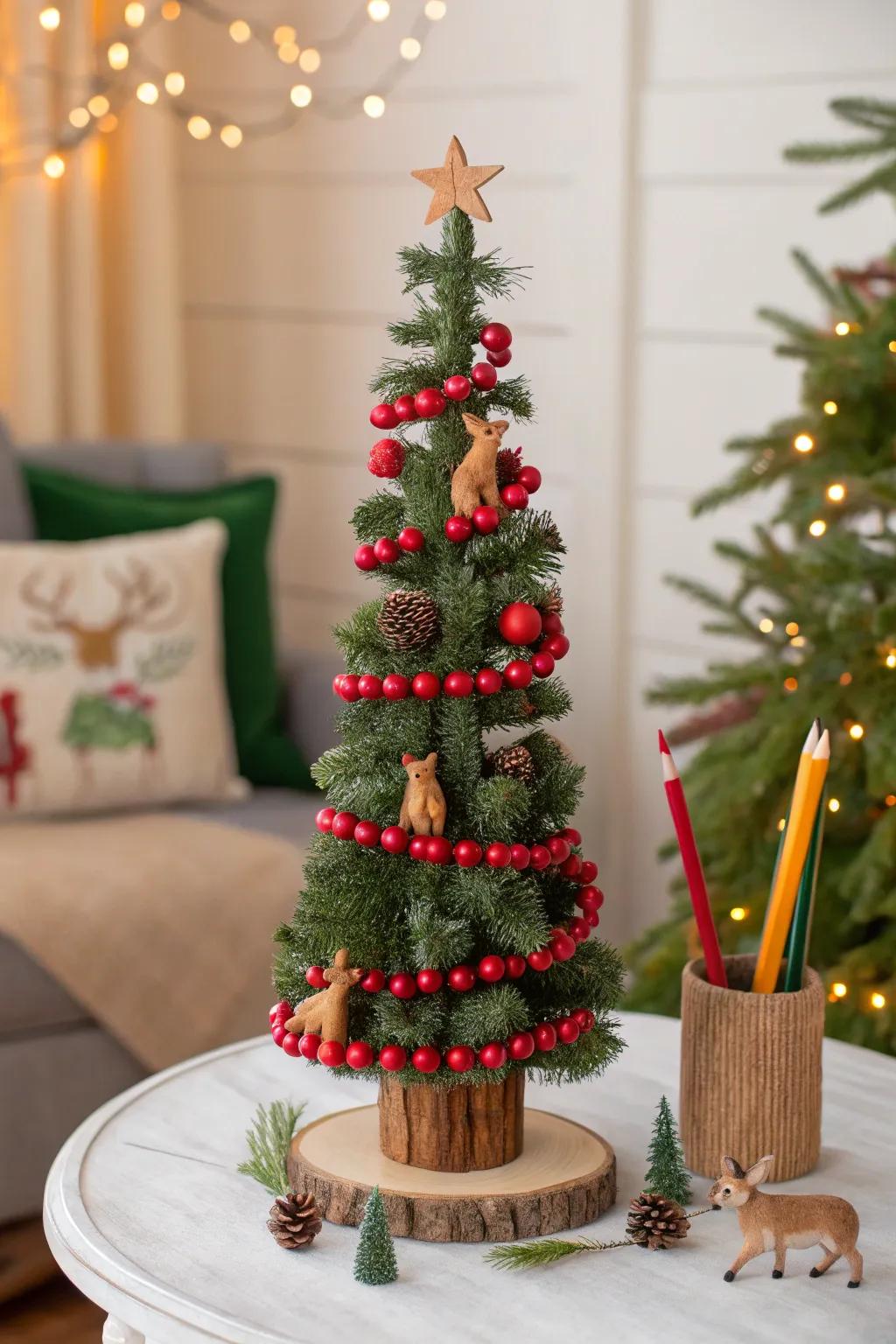 Fantastical forest theme using animal ornaments on a slender tree.