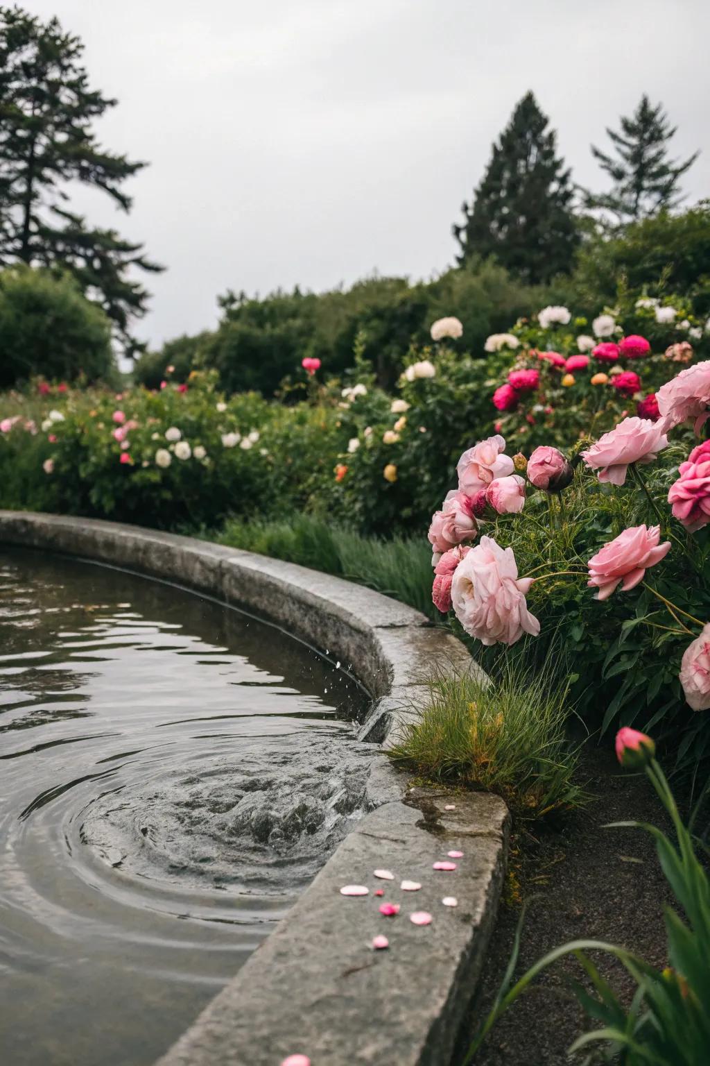 A water feature adding tranquility to a peony garden.