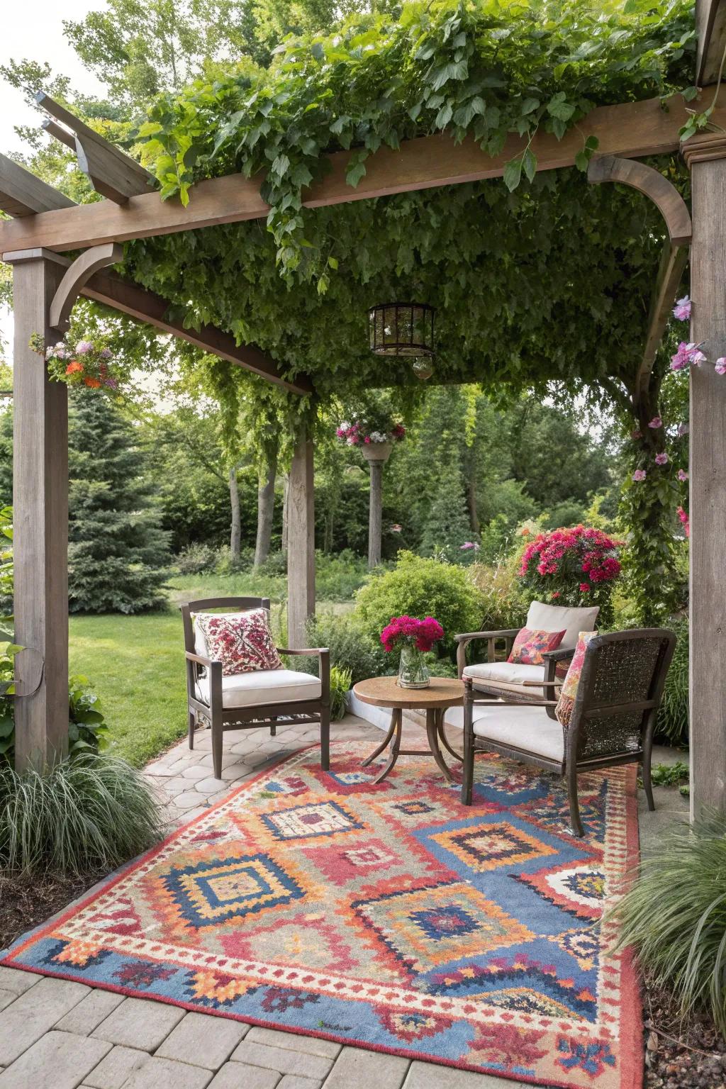 An outdoor mat defines the space and adds comfort underfoot.