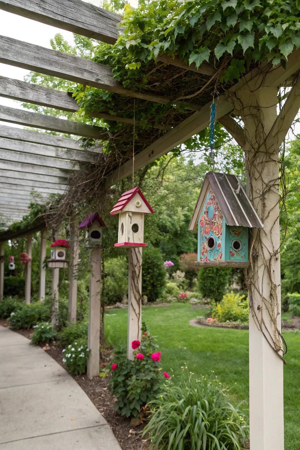 Birdhouses introduce charm and the sound of nature to your pergola.