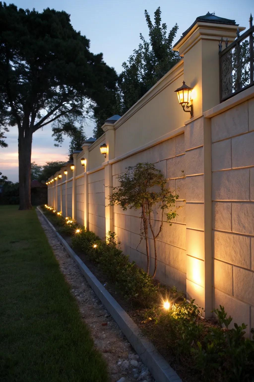 Illuminated walls craft a captivating evening ambiance.