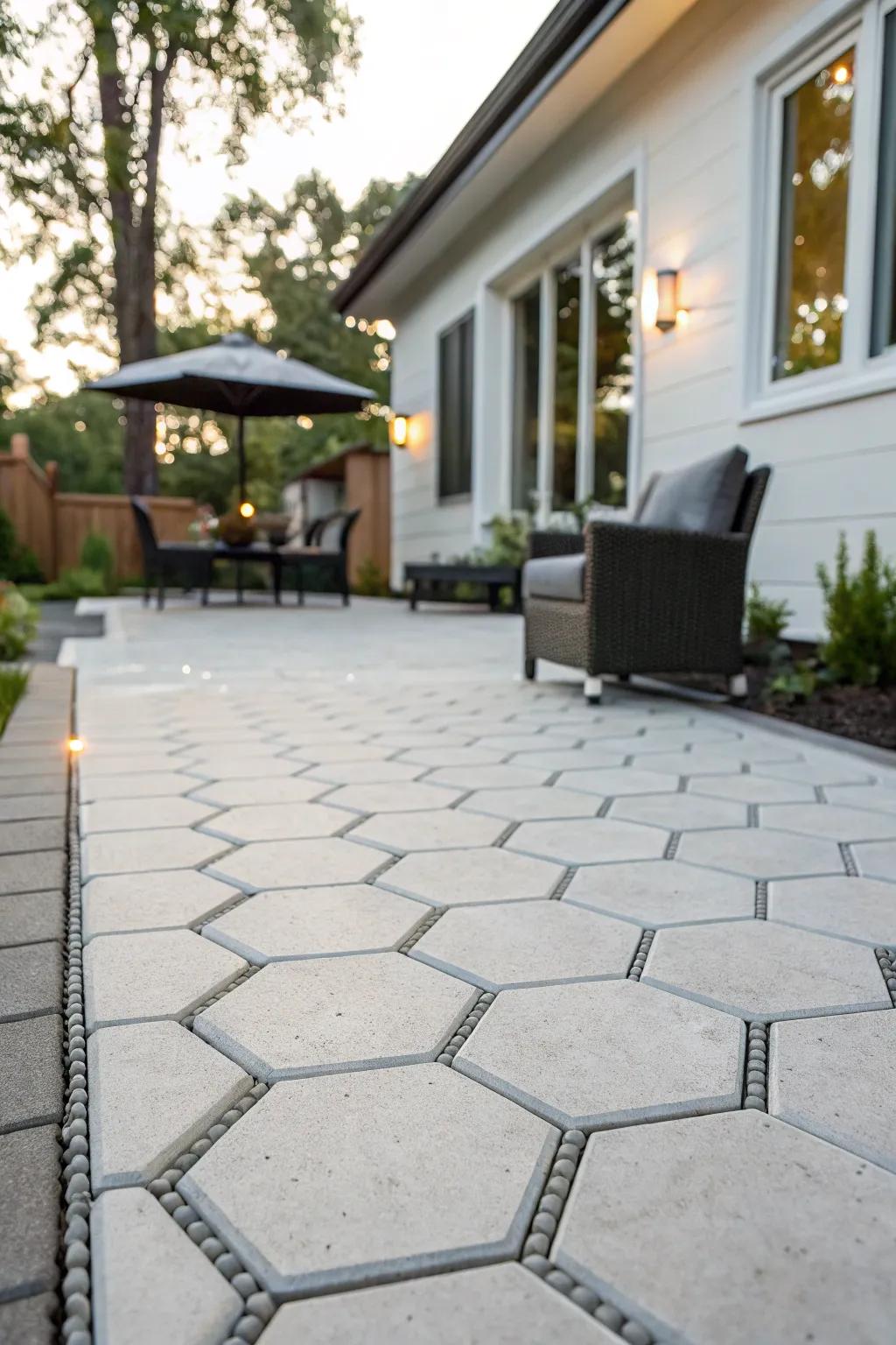 Hexagonal cell stones offer a modern and permeable patio design.
