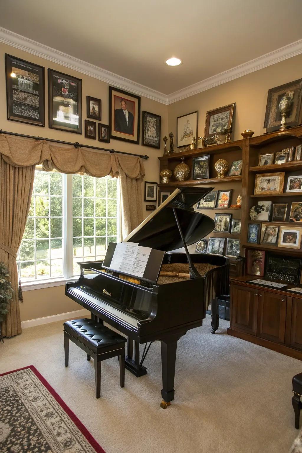 Unique sensations create a lived-in and cherished piano room.