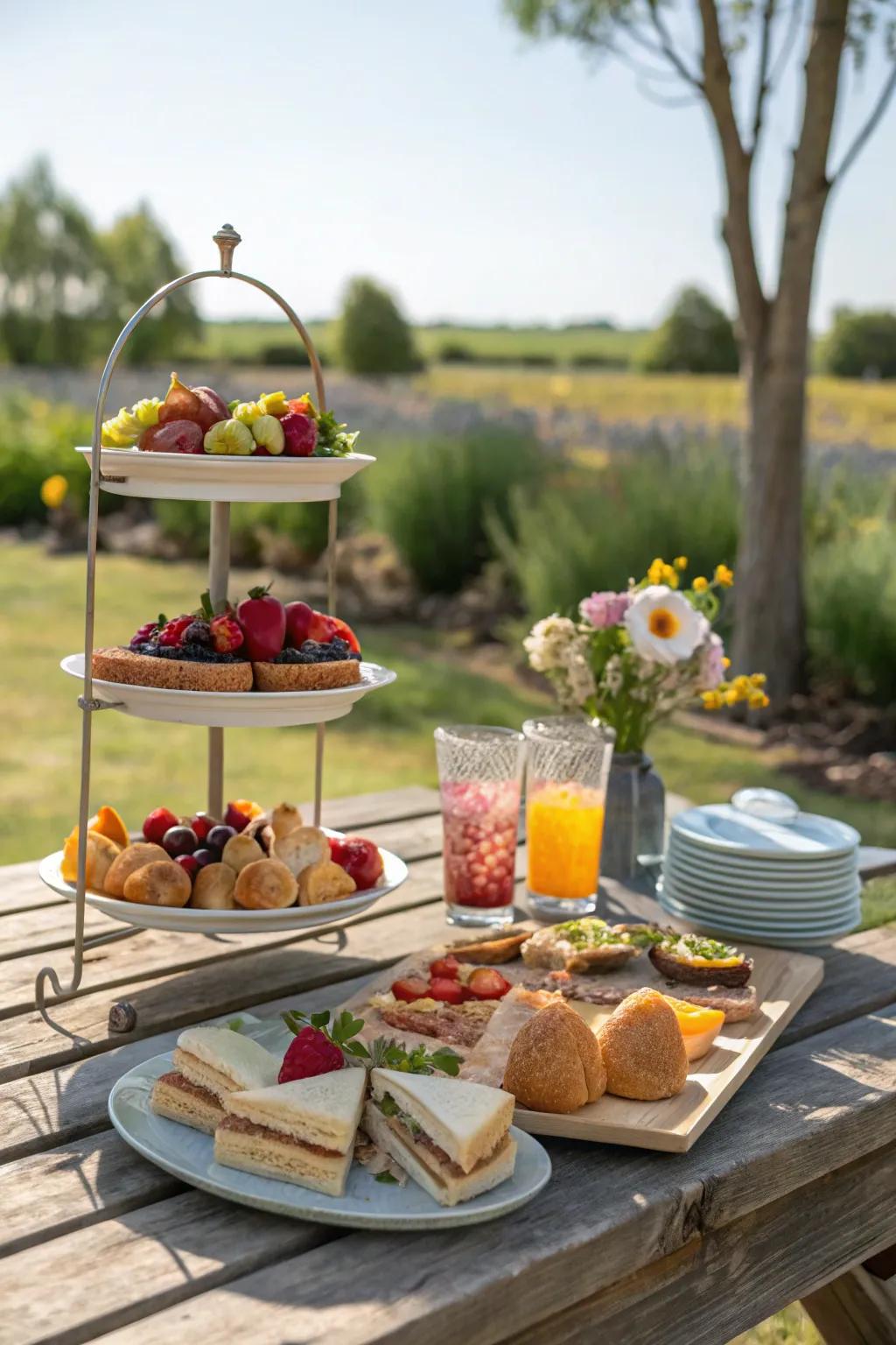 Tiered displays infuse a level of class to this exquisitely decorated picnic display.