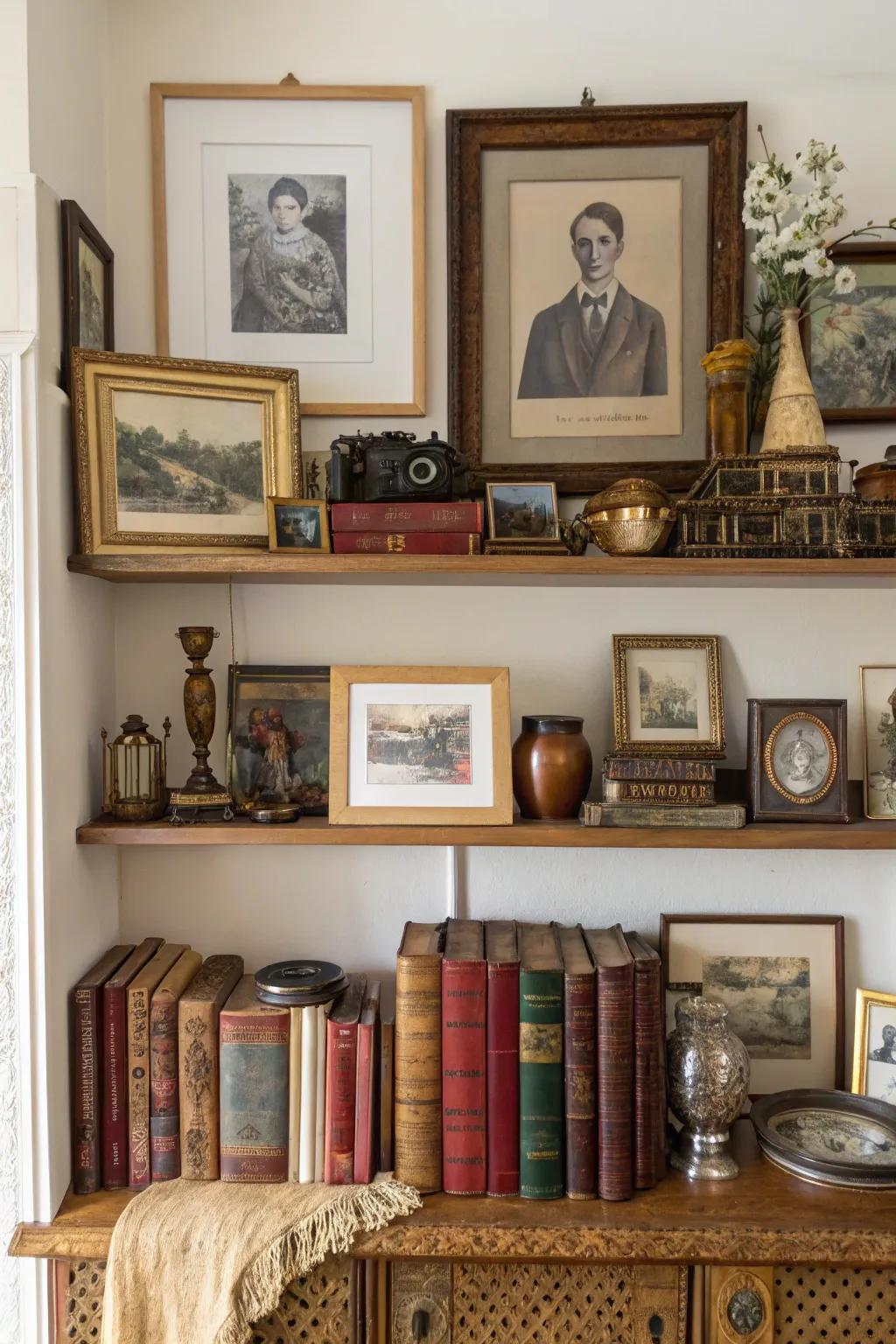 Incorporate period pieces for a historical and character-filled shelf.