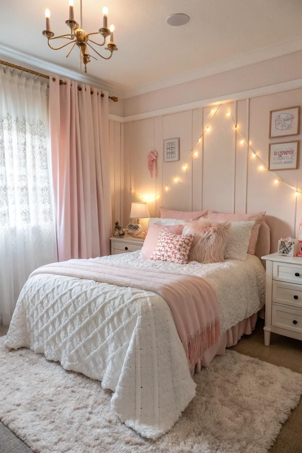 Sweet rose and white offer a soothing and inviting bedroom feel.