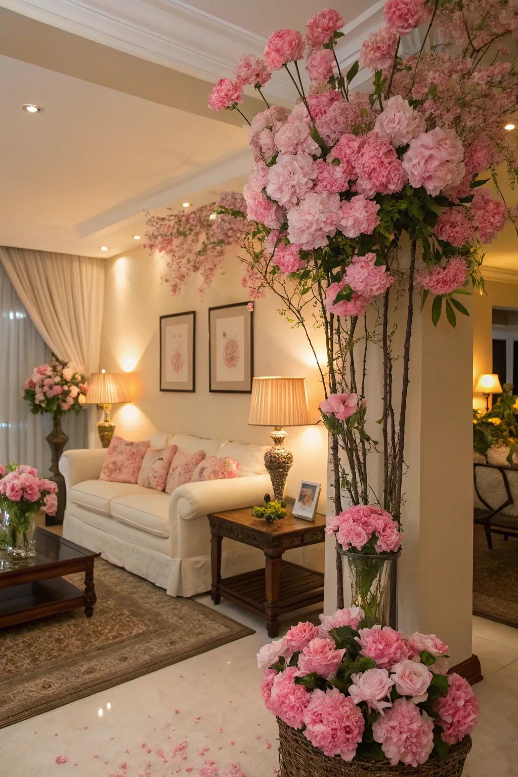 Rose flowers contribute shading and vitality to the lounge.
