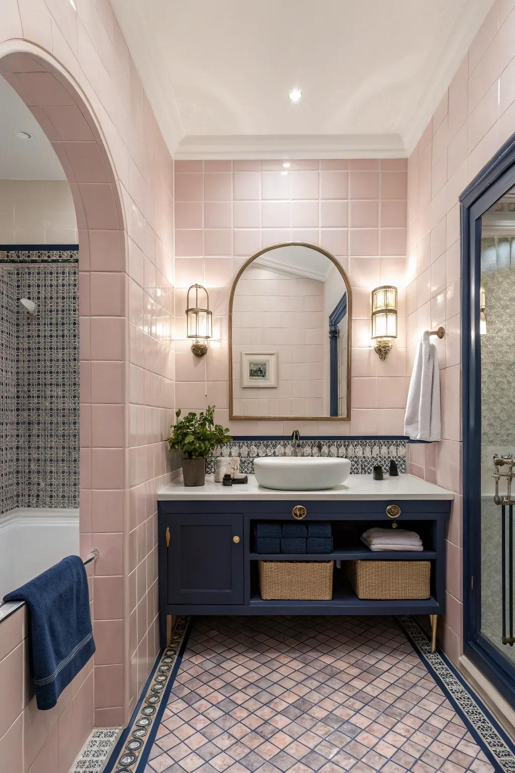 An elegant combination of rose-tinted tiles with navy accents.