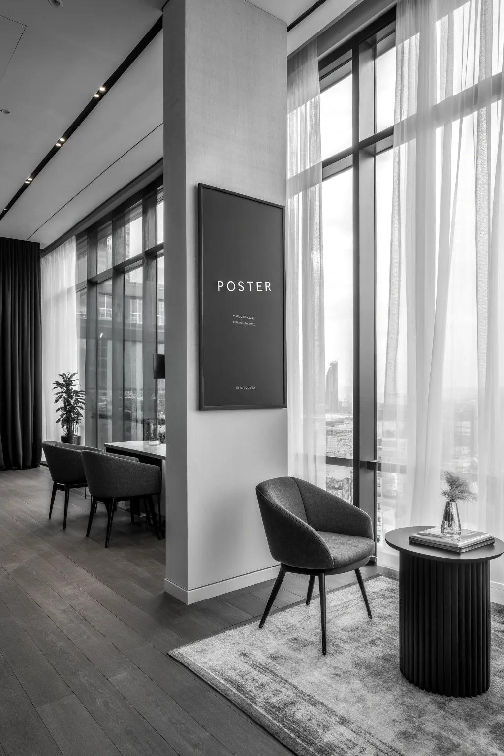 A monochrome black and white print adding sophistication to an office.