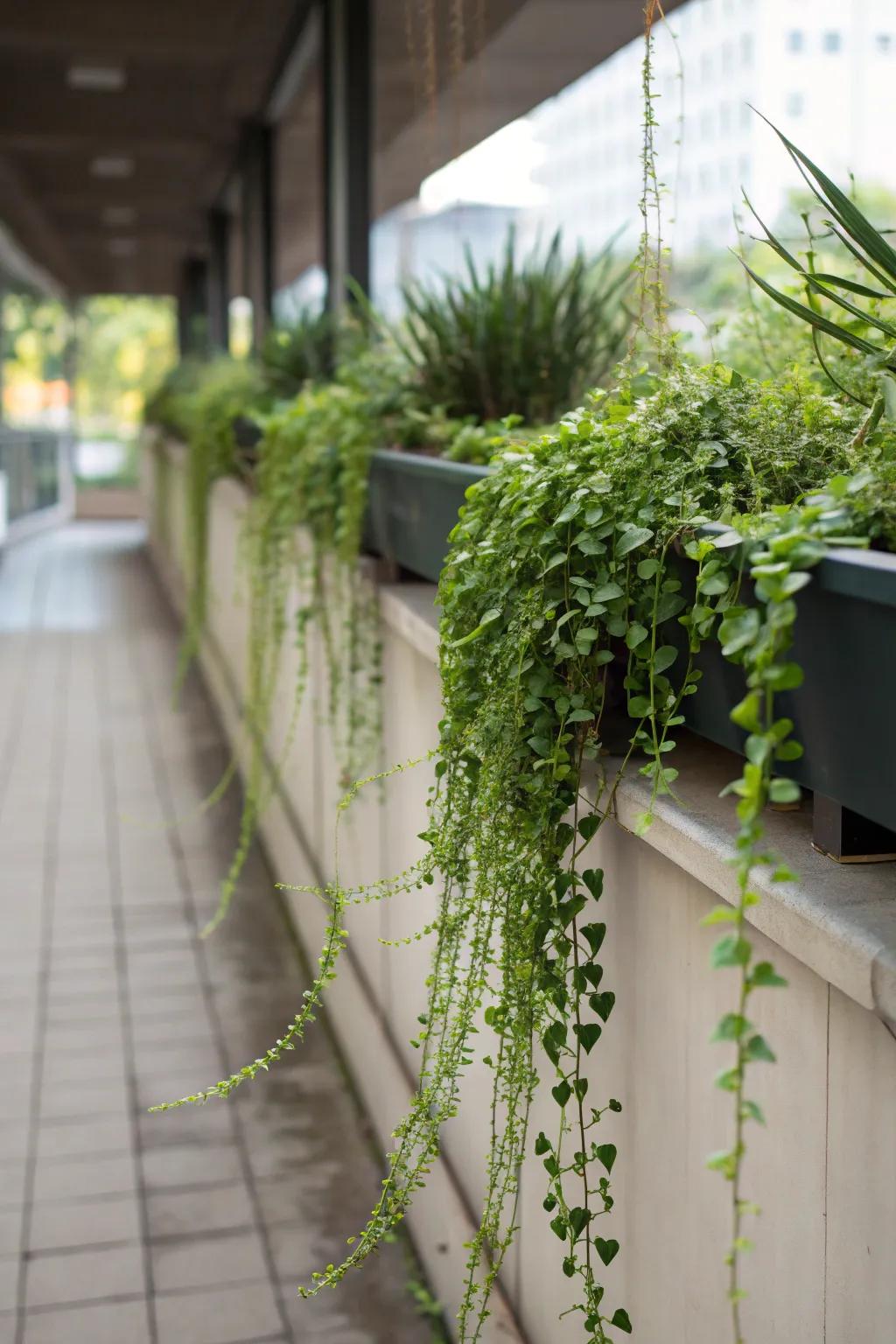 The lines are softened, and visual flow is created on this plant ledge by trailing plants.