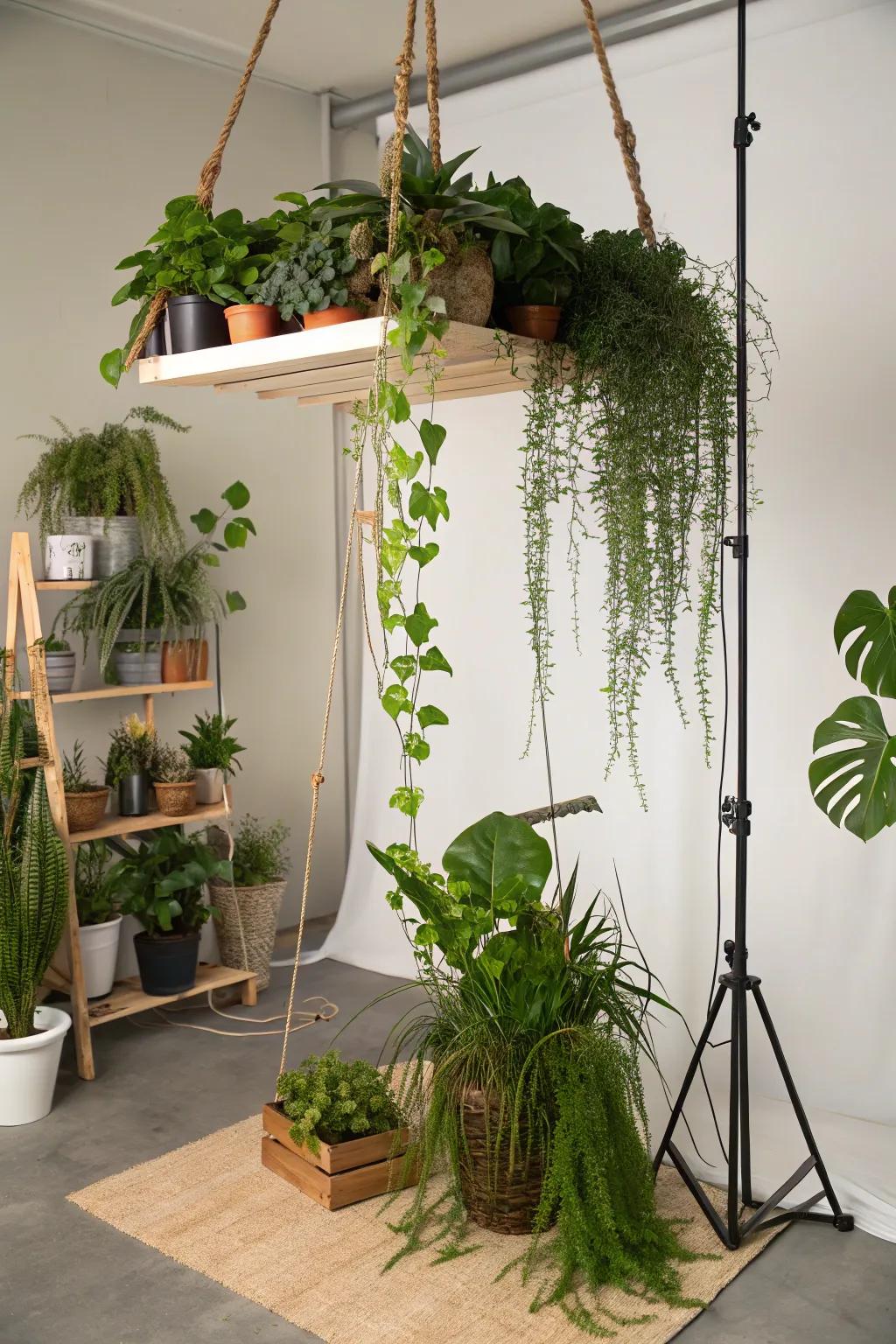 A suspended plant shelf delivering a whimsical and space-efficient solution.
