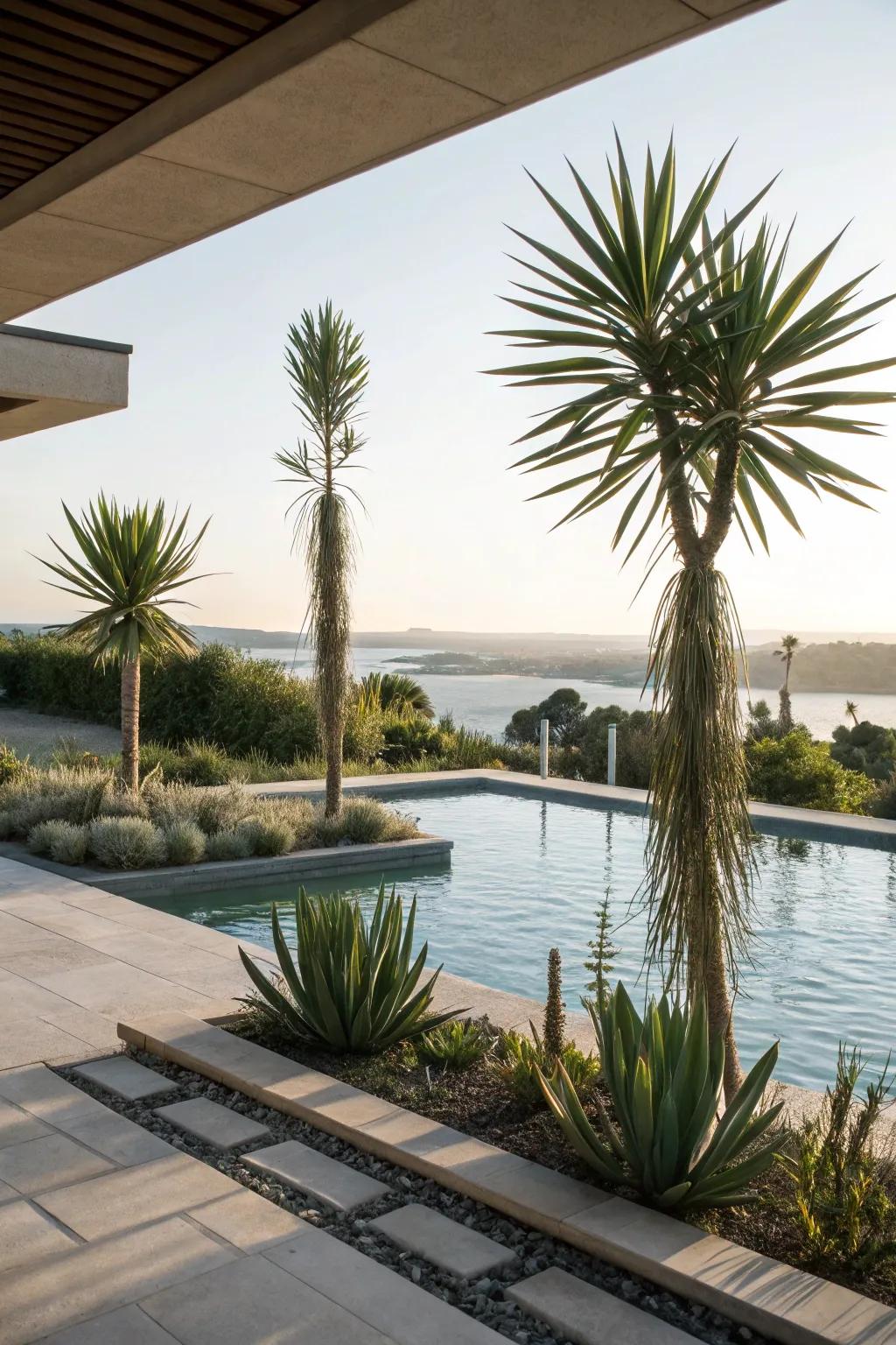 Yucca plants introduce a dramatic architectural element.