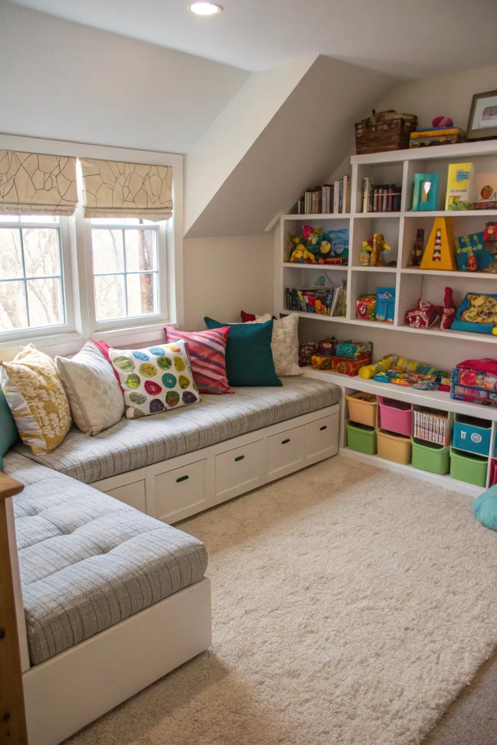 A well-utilized corner in the playroom equipped with an L-form sofa.