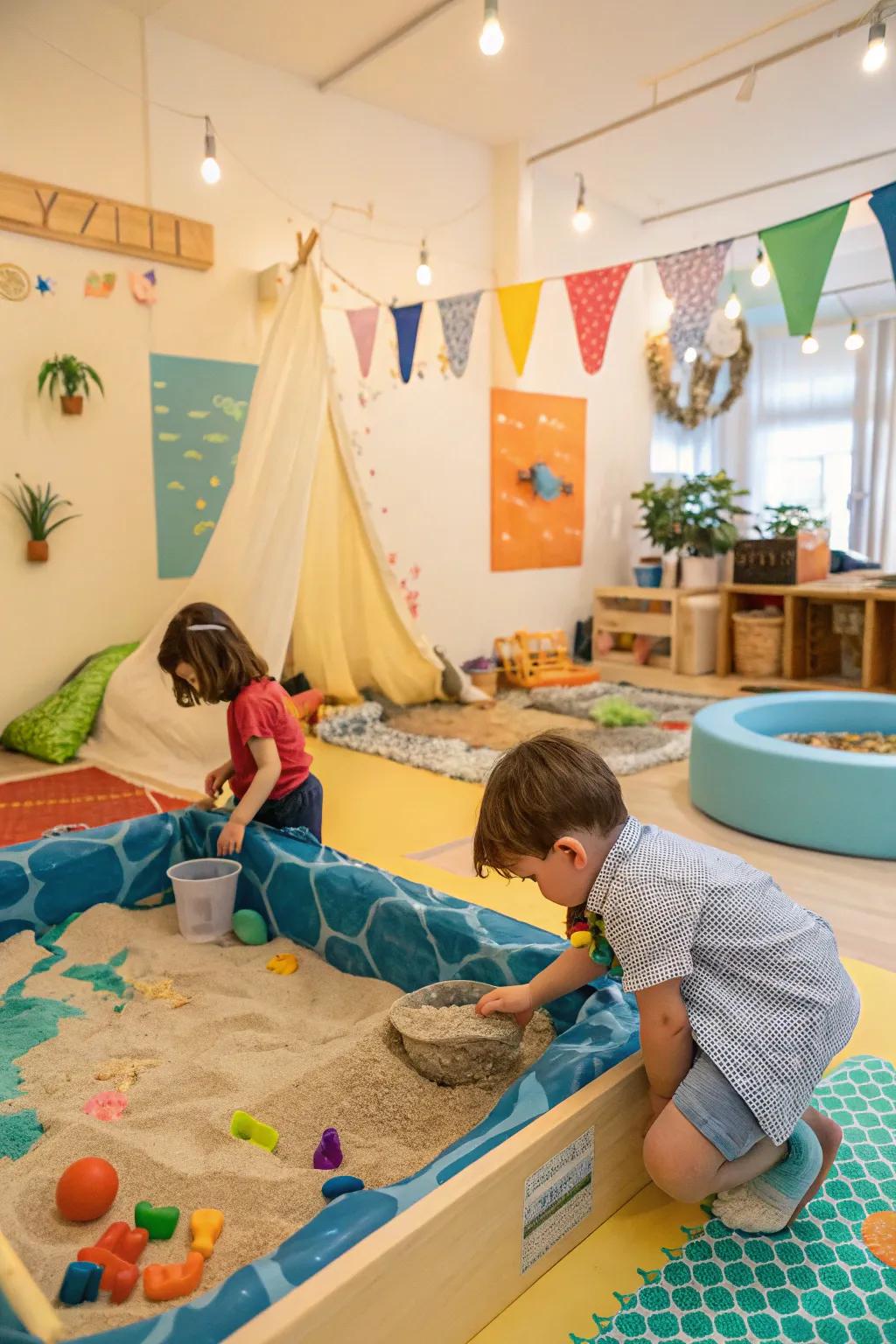 Opportunities for tactile exploration are provided in sensory play areas.