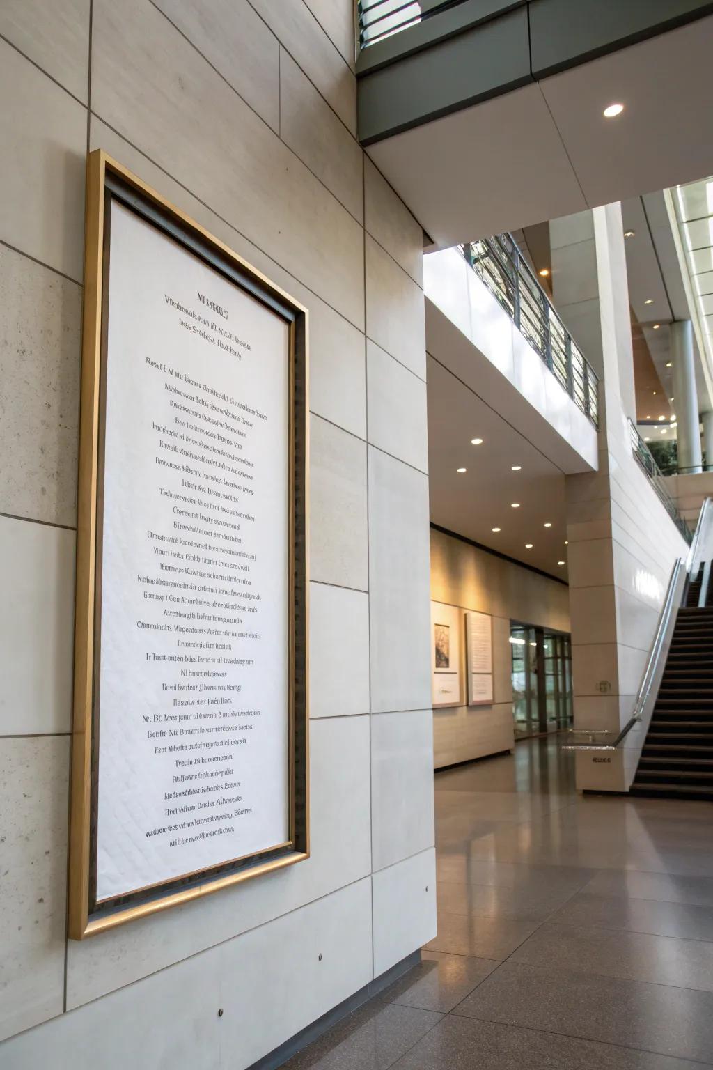 Suspended casings impart a contemporary sharpness to poem presentations.