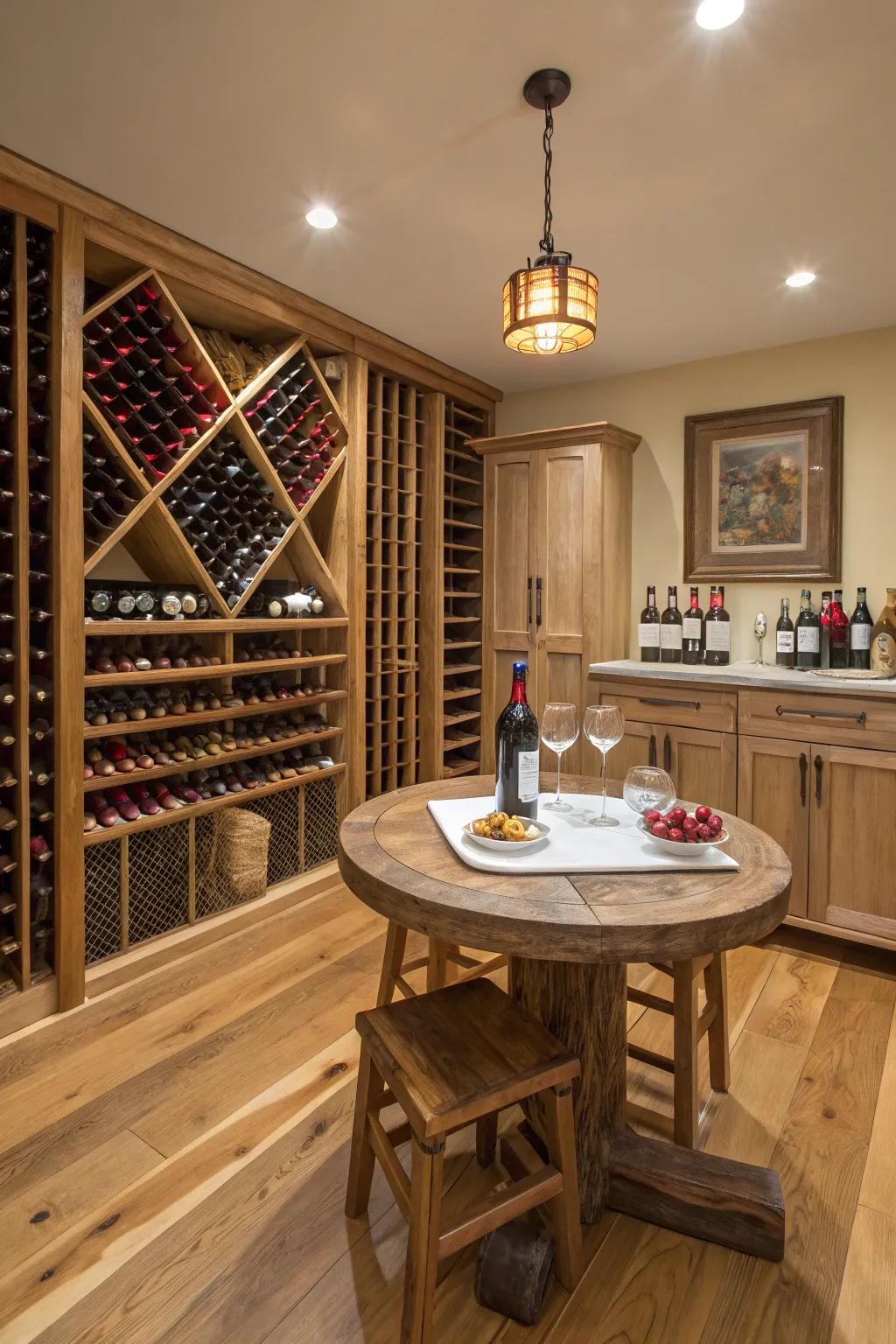 A wine display in a pole barn with wine racks and a tasting table.