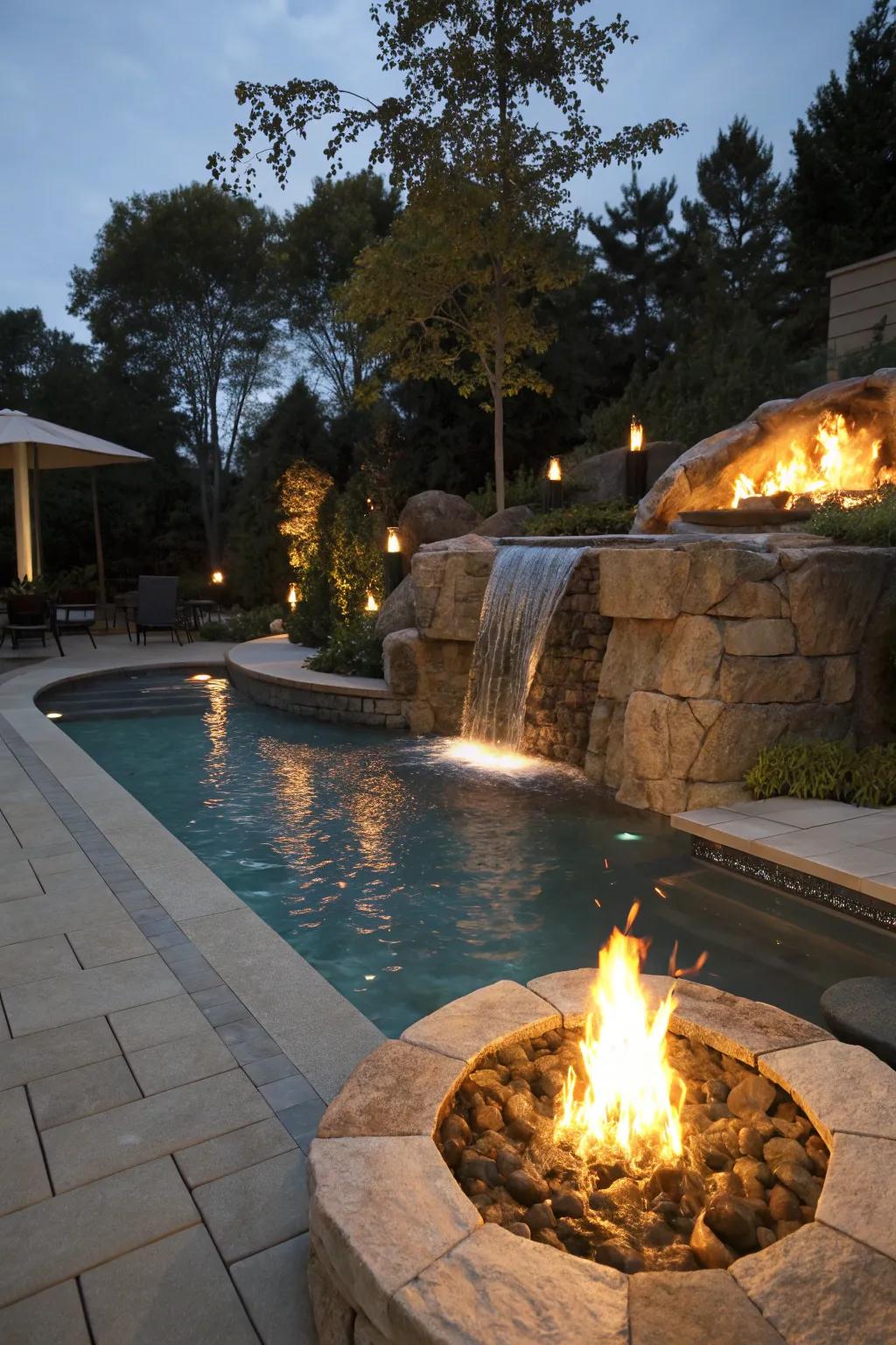 Fire and water elements create a captivating and cozy atmosphere.