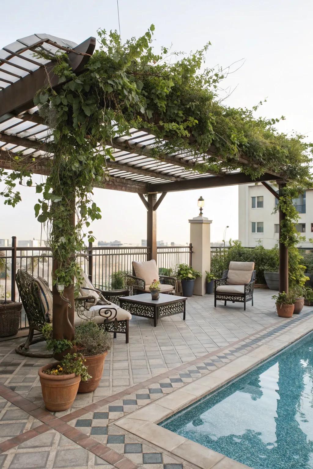 Stay cool with a pergola providing shade on your pool deck.