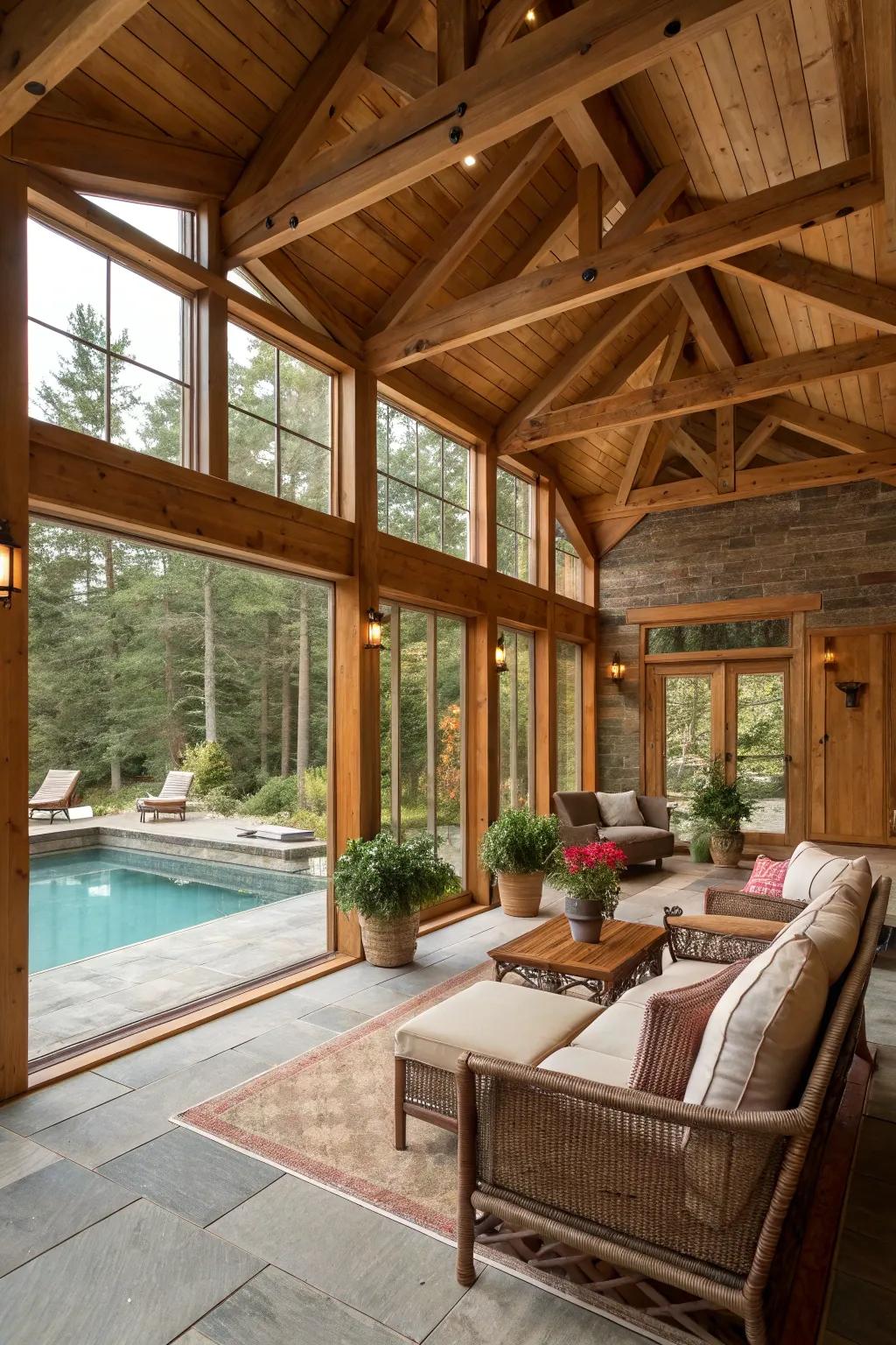 Establish a cozy vibe with warm textures in your pool house