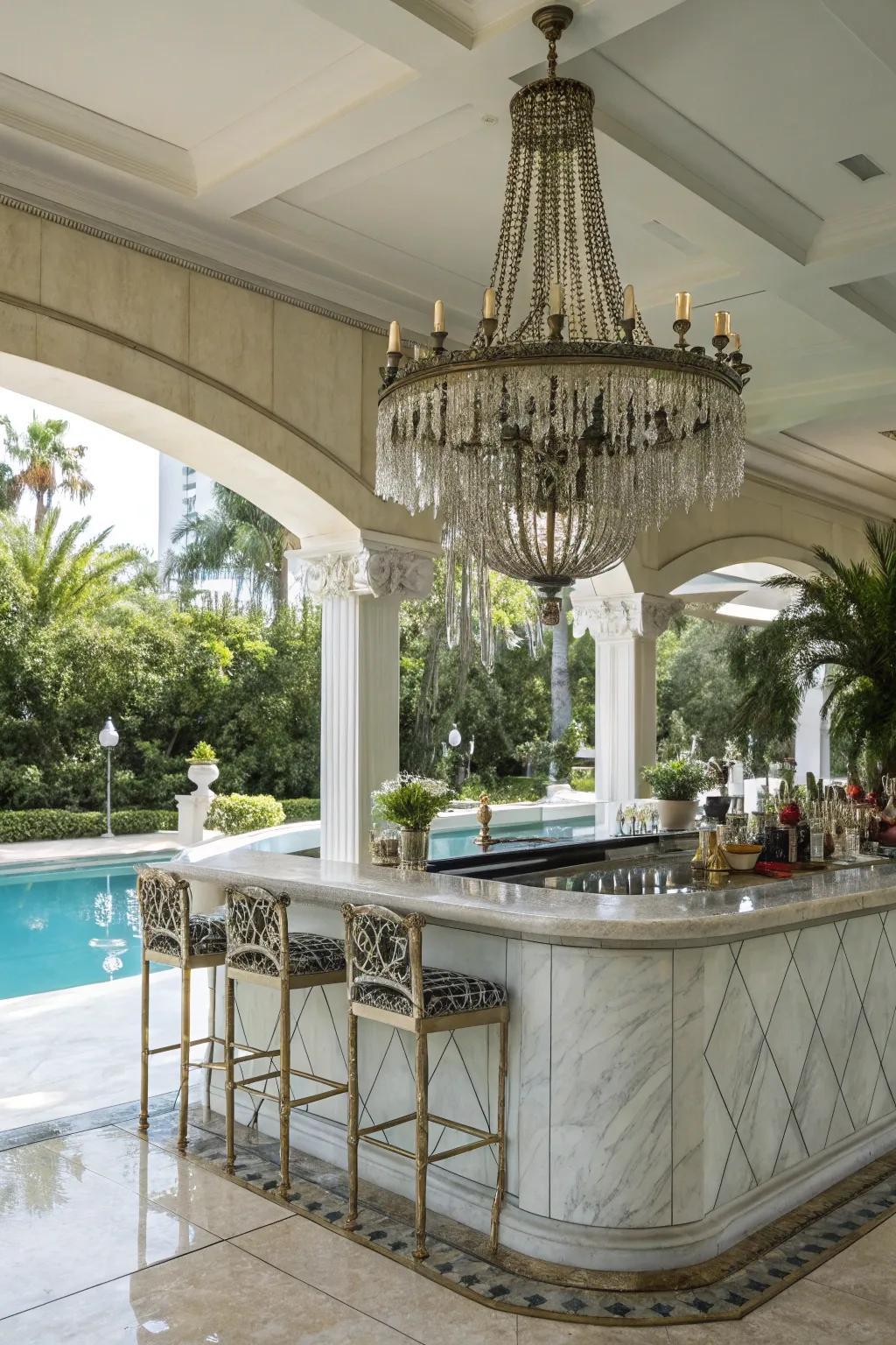 A stone bar with a chandelier adds elegance to your outdoor space.