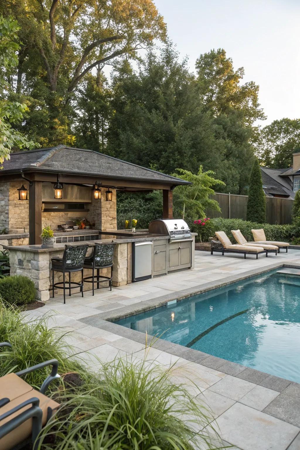 A functional and trendy poolside kitchen.