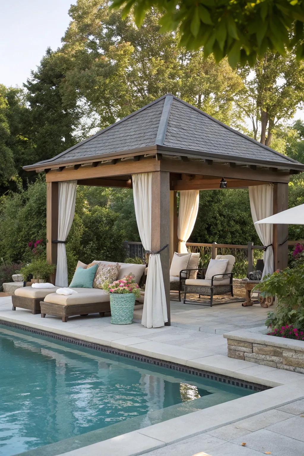 A gazebo provides a stylish and functional outdoor gathering space.