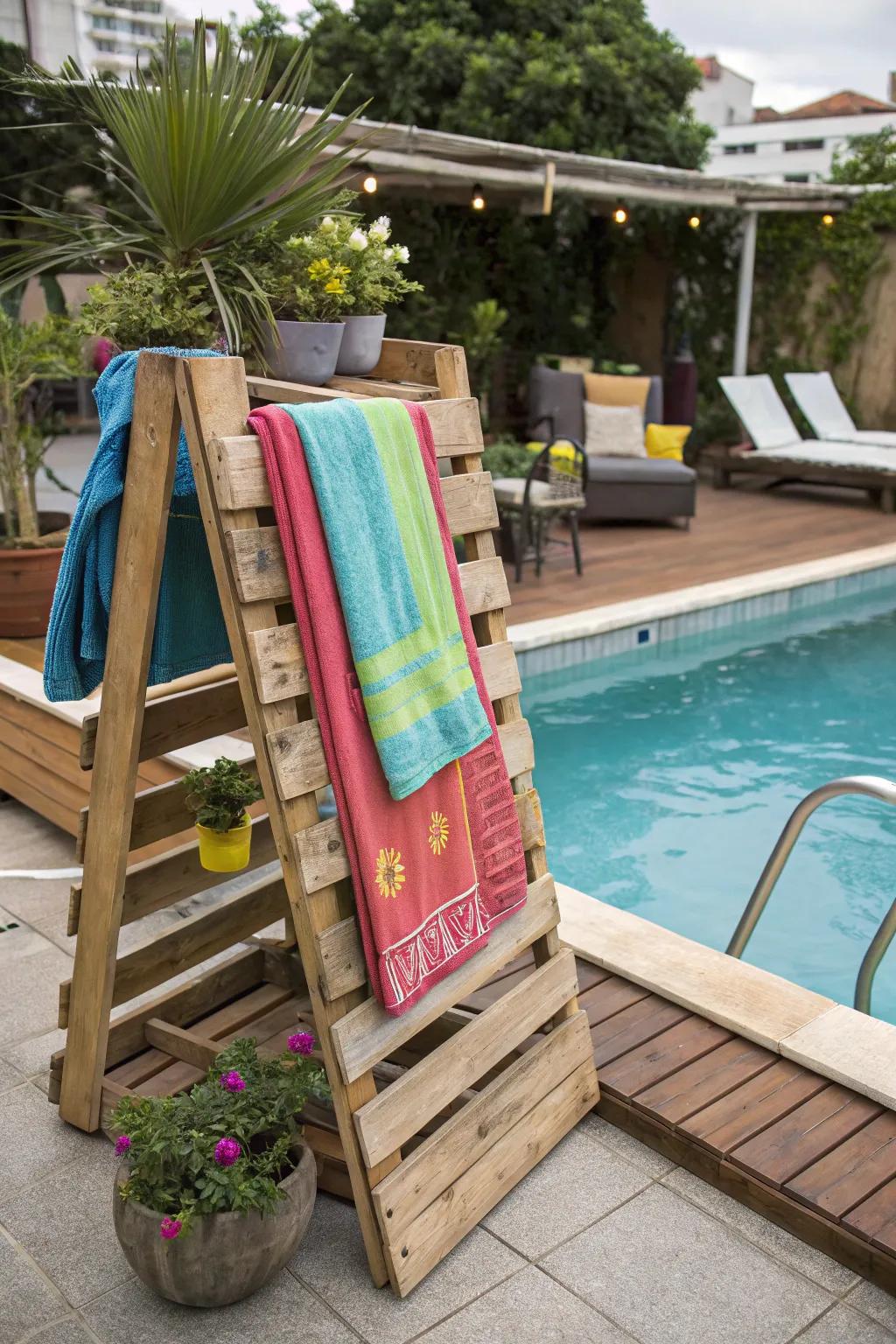 Rustic DIY pallet rack for creative towel storage.