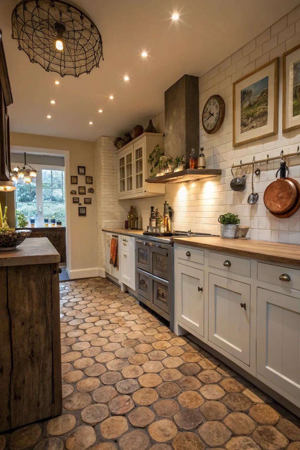 Wood block tiles deliver a distinctive and textured appearance to kitchen floors.