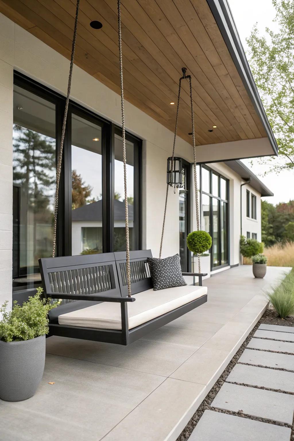 A suspended bench delivers a refined, contemporary visual to the porch.